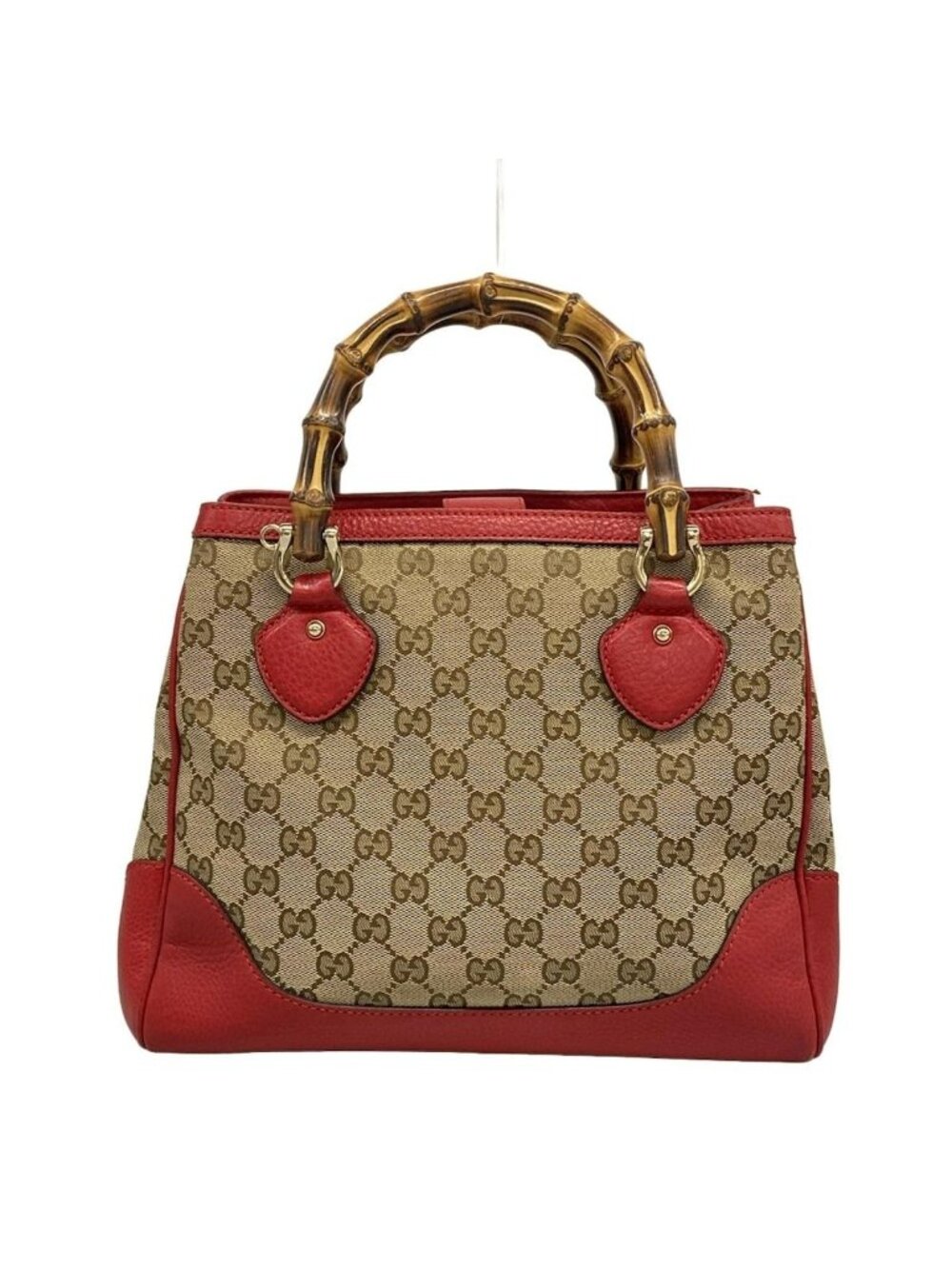 Gucci Handbag Bamboo GG Pattern Red Beige Dark Brown Leather X